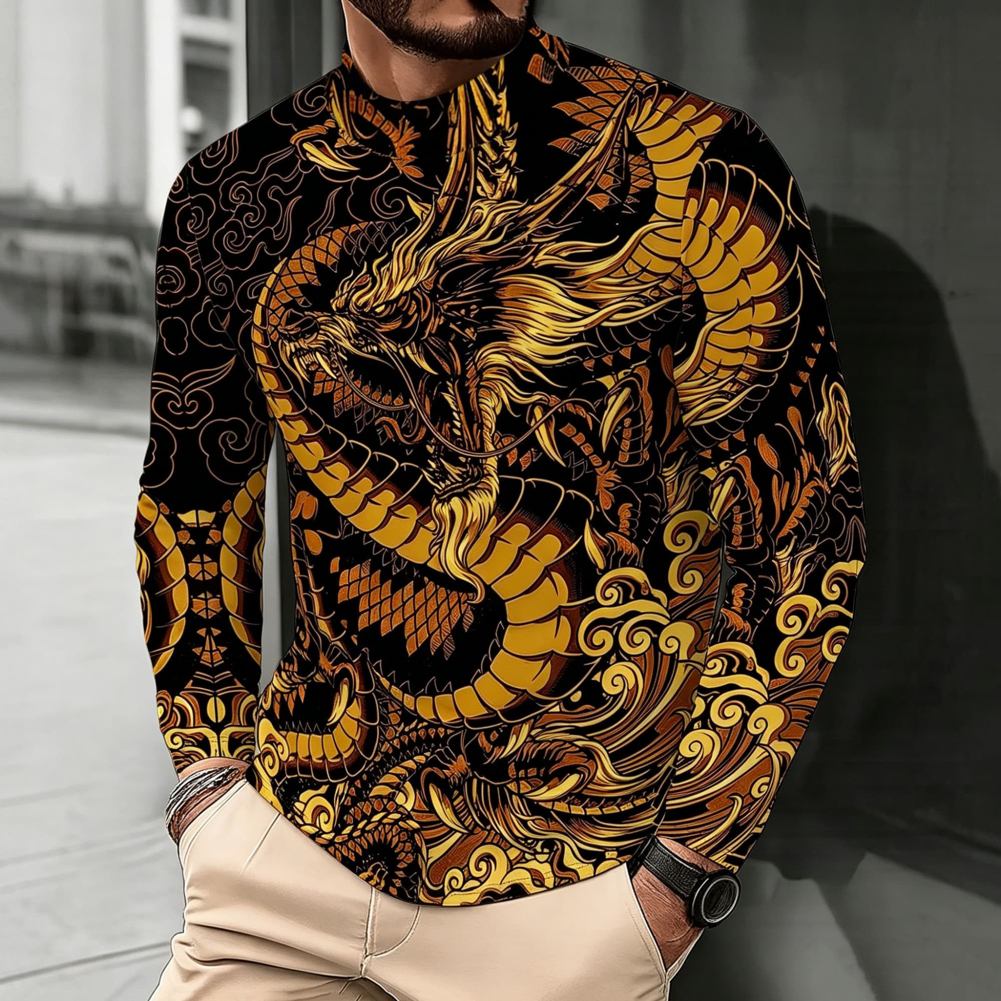 Street Fashion Asian - Men Mock Neck Long Sleeve Top,